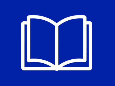 A white book icon on a blue background.