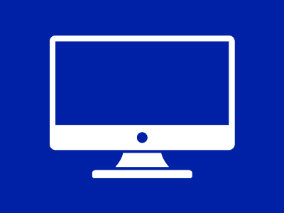 A white computer monitor icon over a blue background.